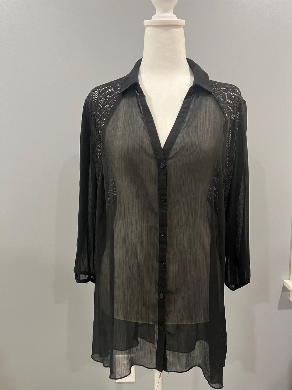 Vanity Sheer Black Button-Down Crochet Shoulder Blouse
